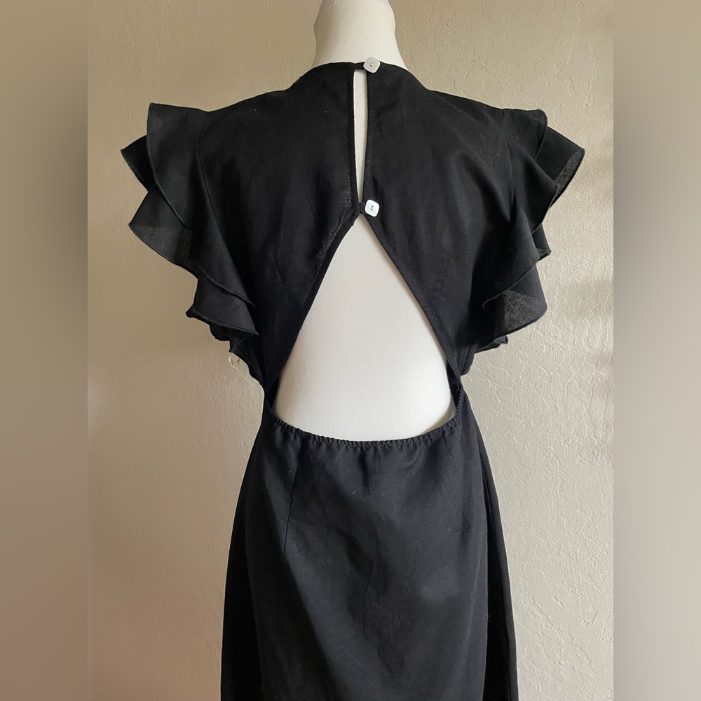 Linen cocktail Black Dress with Ruffle Sleeves - Picture 8 of 17